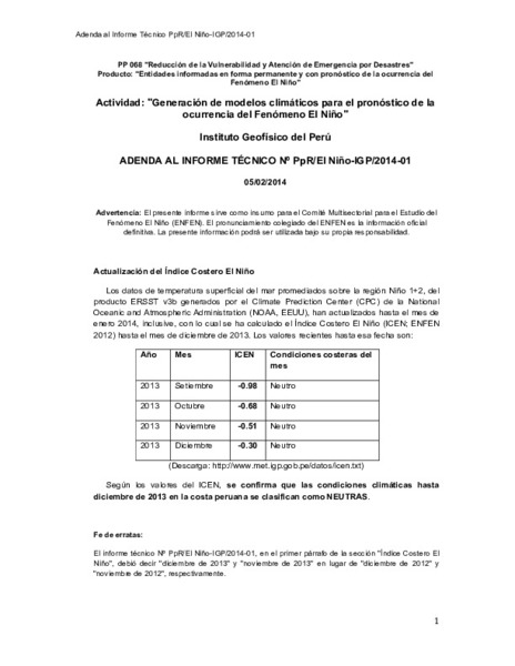 Informe Técnico Nº PPR/El Niño-IGP/2014-01