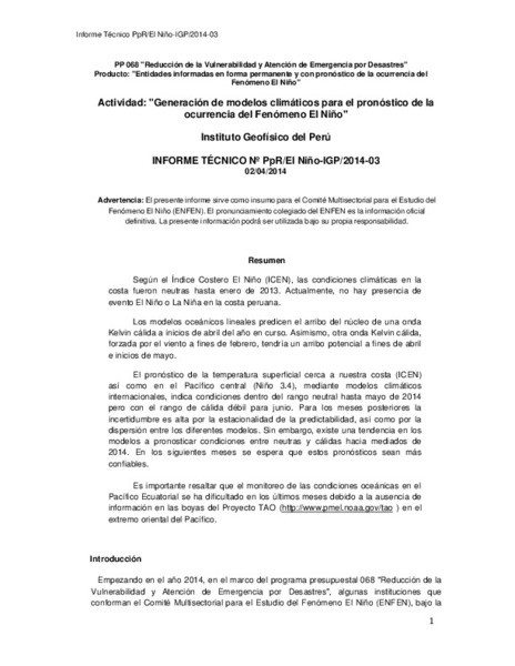 Informe Técnico Nº PPR/El Niño-IGP/2014-03