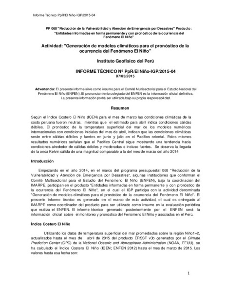 Informe Técnico Nº PPR/El Niño-IGP/2015-04