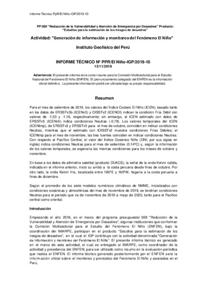 Informe Técnico Nº PPR/El Niño-IGP/2019-10